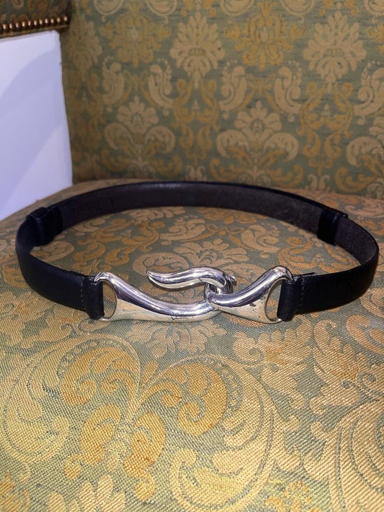 Chico's Accessories - Chico's Black Leather Belt with Silver Sculpted Interlock Buckle